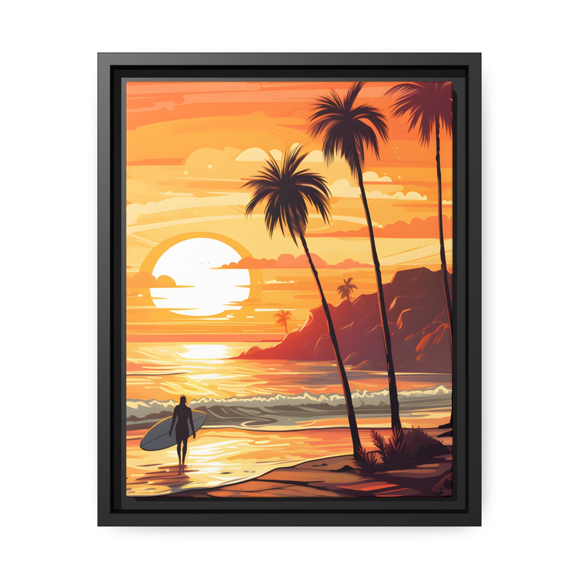 Framed Canvas Artwork Beach Ocean Surfing Warm Sunset Art Surfer Walking Up The Beach Holding Surfboard Palm Tree Silhouettes Sets The Tone Floating Frame Canvas Artwork