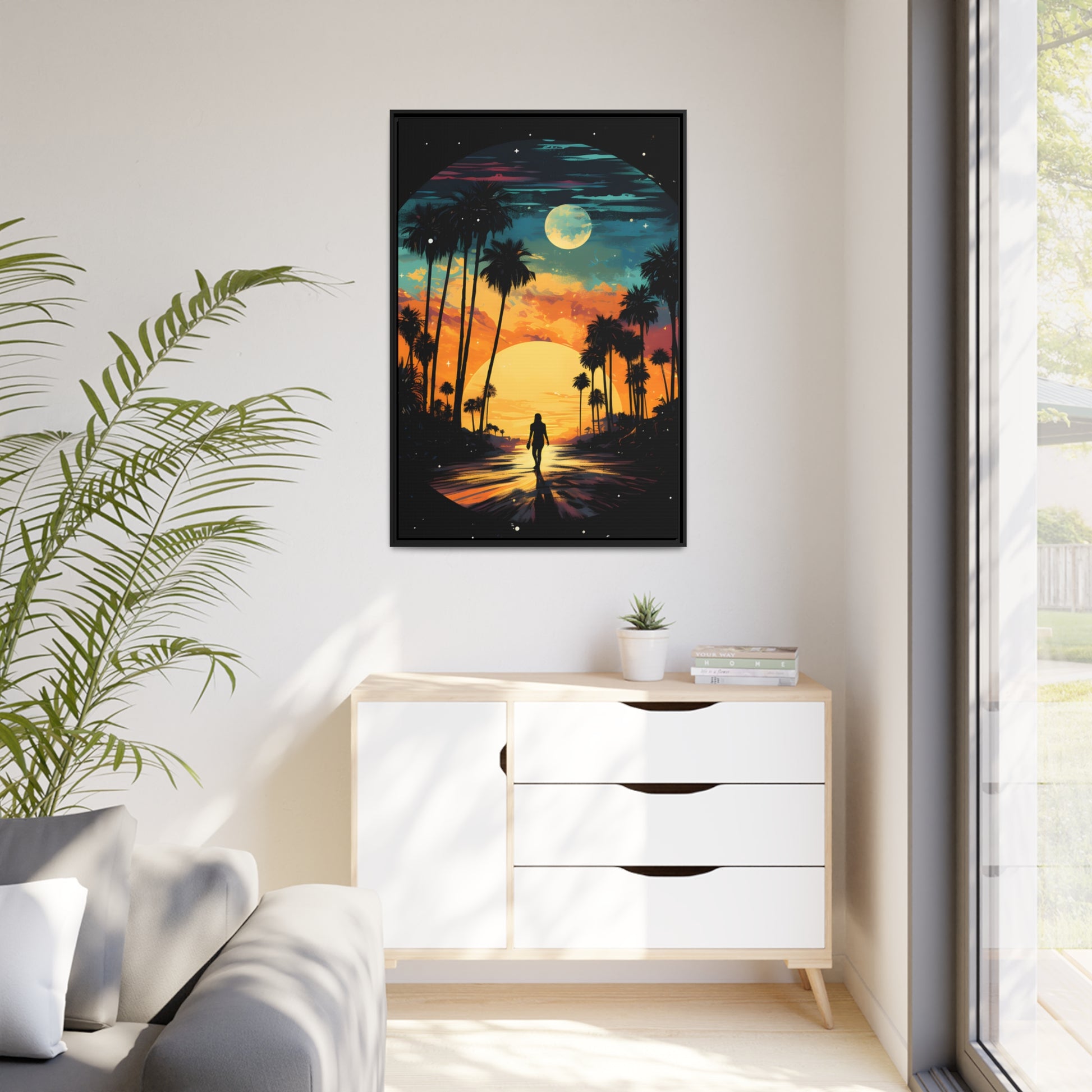 Framed Canvas Lifestyle/Ocean Side Artwork Dark Sunset Palm Tree Silhouettes Line The Pathway Large Sun Setting In Line With Perspective Moon Lit Star Filled Night Sky Floating Canvas Framed Artwork