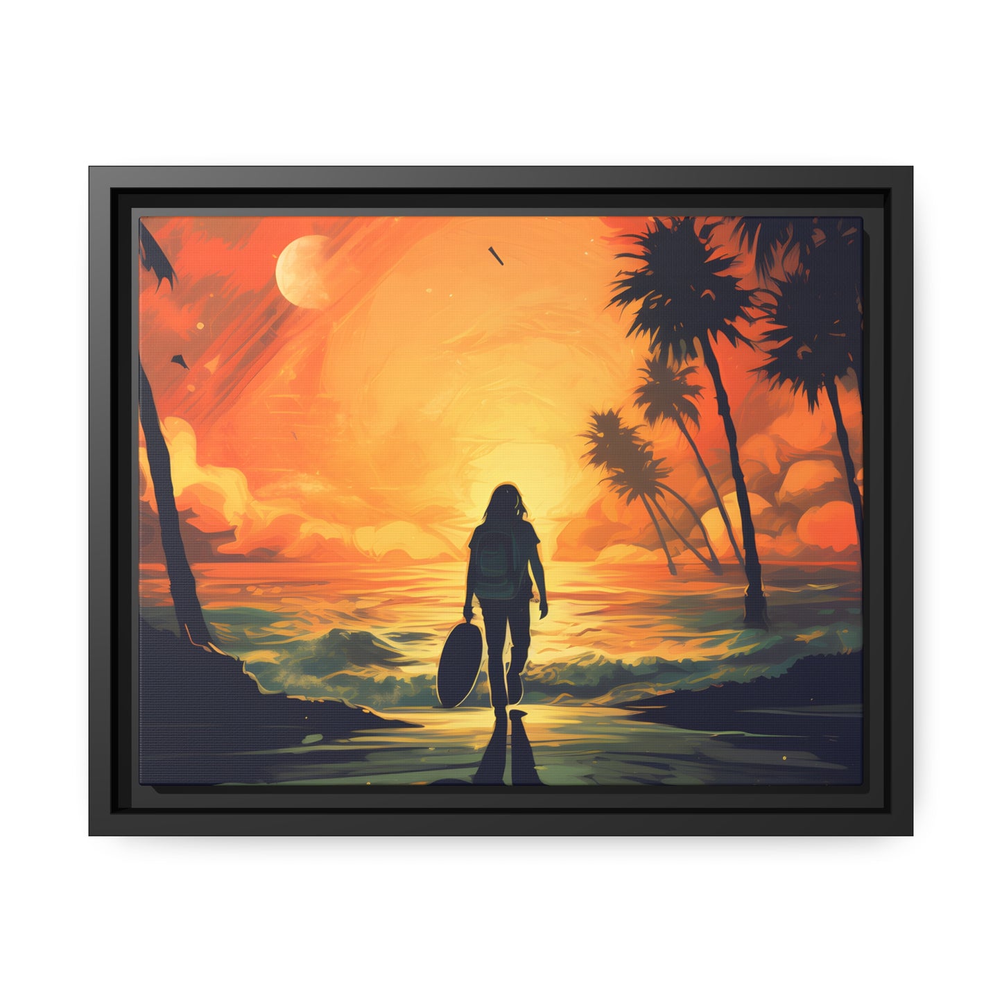 Framed Canvas Artwork Beach Ocean Surfing Warm Suns Set Art Surfer Walking Down To The Beach Holding Surfboard Palm Tree Silhouettes Sets The Tone Floating Frame Canvas Artwork