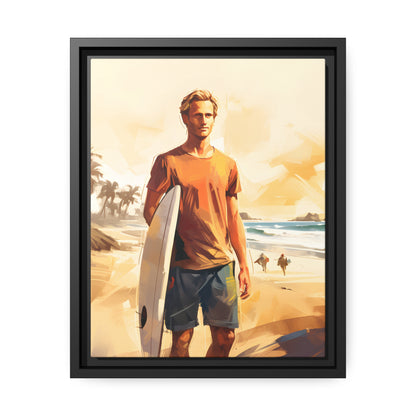 Framed Canvas Artwork Beach Ocean Surfing Art Surfer Walking Up The Beach With Surfboard Floating Frame Canvas Artwork