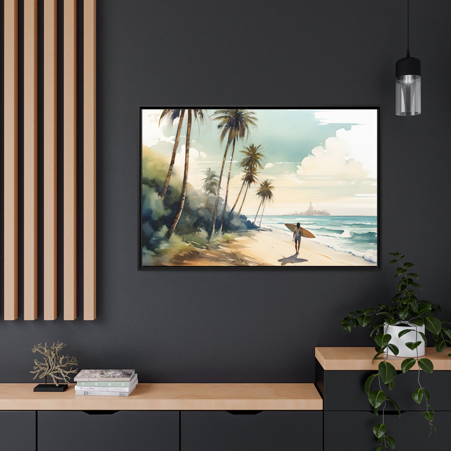 Framed Canvas Artwork Beach Ocean Surfing Art Surfer On Beach Holding Surfboard And Palm Tree Silhouettes Water Color Style City In The Distant Background Hindered By Sea Mist Impressive Beach Scene Floating Frame Canvas Artwork Lifestyle