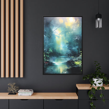 Framed Canvas Abstract Artwork Dense Misty Jungle And Stream Of Water Oil Painting Style Abstract Art Natural Conversation Starter Framed Canvas Nature