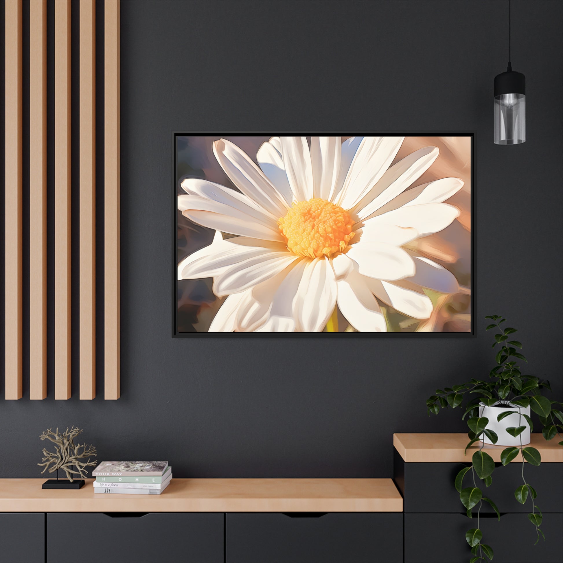 Framed Canvas Nature Inspired Artwork Stunning Sunlit Daisy Blooming Oil Painting Style