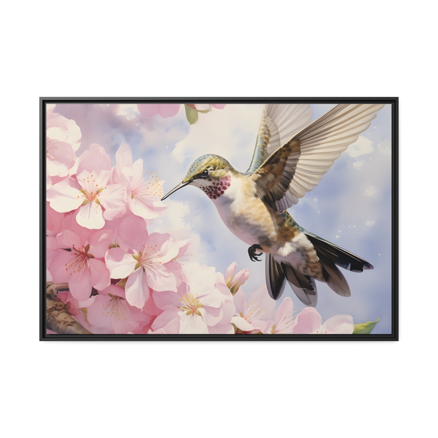 Framed Canvas Artwork Humming Bird Hovering Mid Air While Seeking Out Fresh Honey Amongst The Cherry Blossoms Framed Canvas Artwork