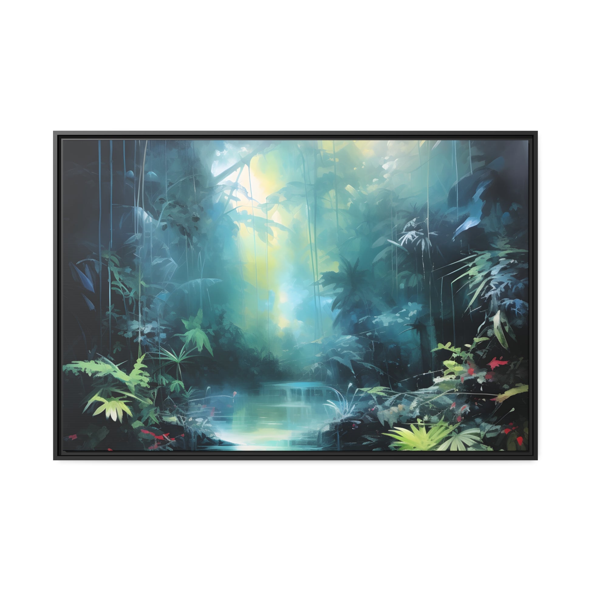 Framed Canvas Abstract Artwork Dense Misty Jungle And Stream Of Water Oil Painting Style Abstract Art Natural Conversation Starter Framed Canvas Nature