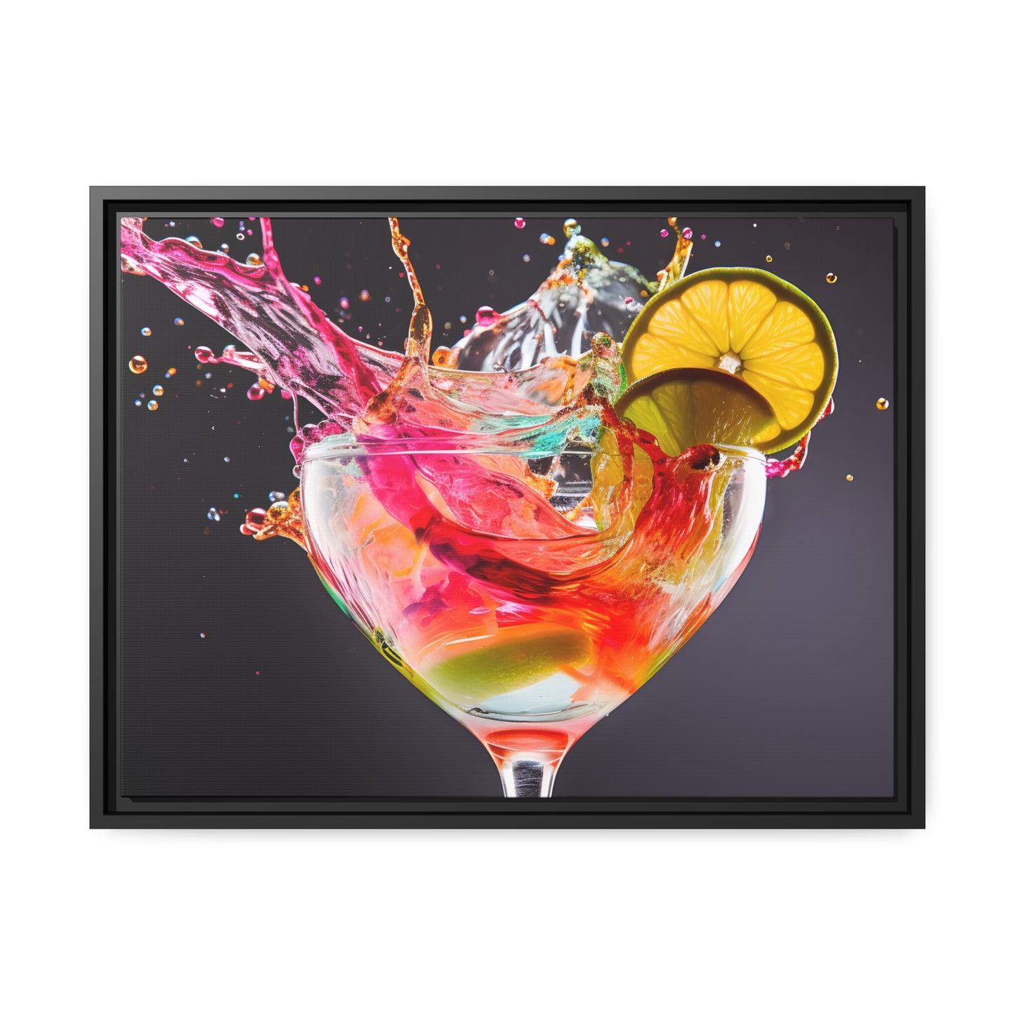 Framed Canvas artwork Bright Colorful Cocktail Splashing Out Of The Glass Framed Canvas Painting Alcohol Art