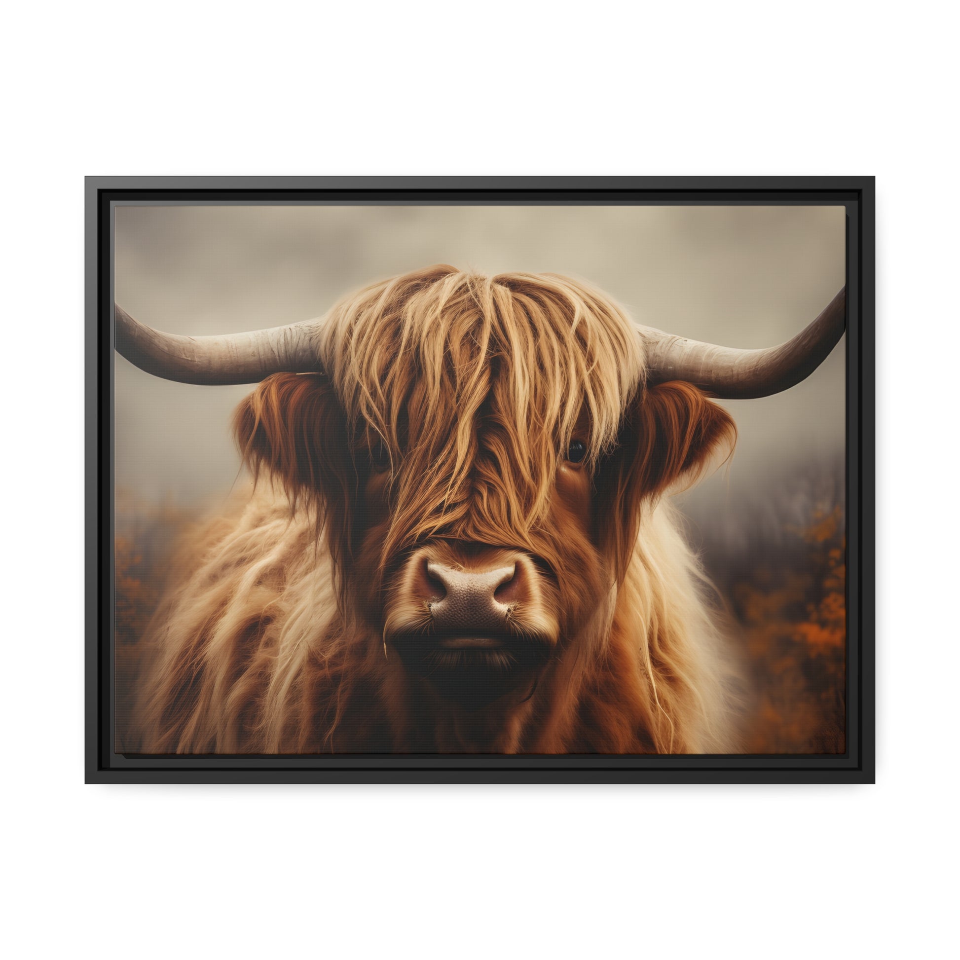 Framed Canvas Artwork Strong Stunning Highlander Bull Warm Fiery Background Emotional Staring Into The Viewer Captivating Highly Detailed Painting Style Perfect To Warm Up A Homestead Or Country Home