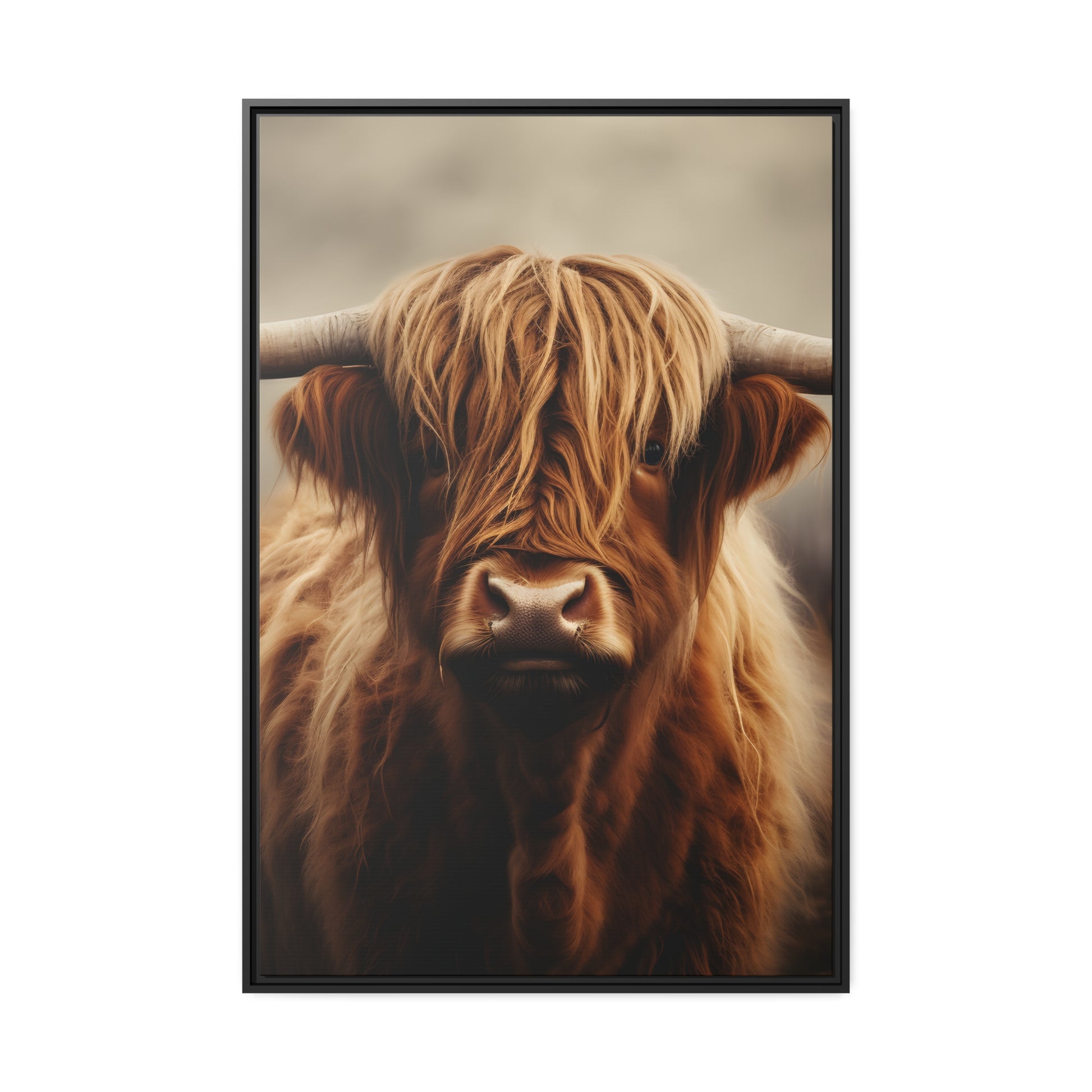 Framed Canvas Artwork Strong Stunning Highlander Bull Warm Fiery Background Emotional Staring Into The Viewer Captivating Highly Detailed Painting Style Perfect To Warm Up A Homestead Or Country Home