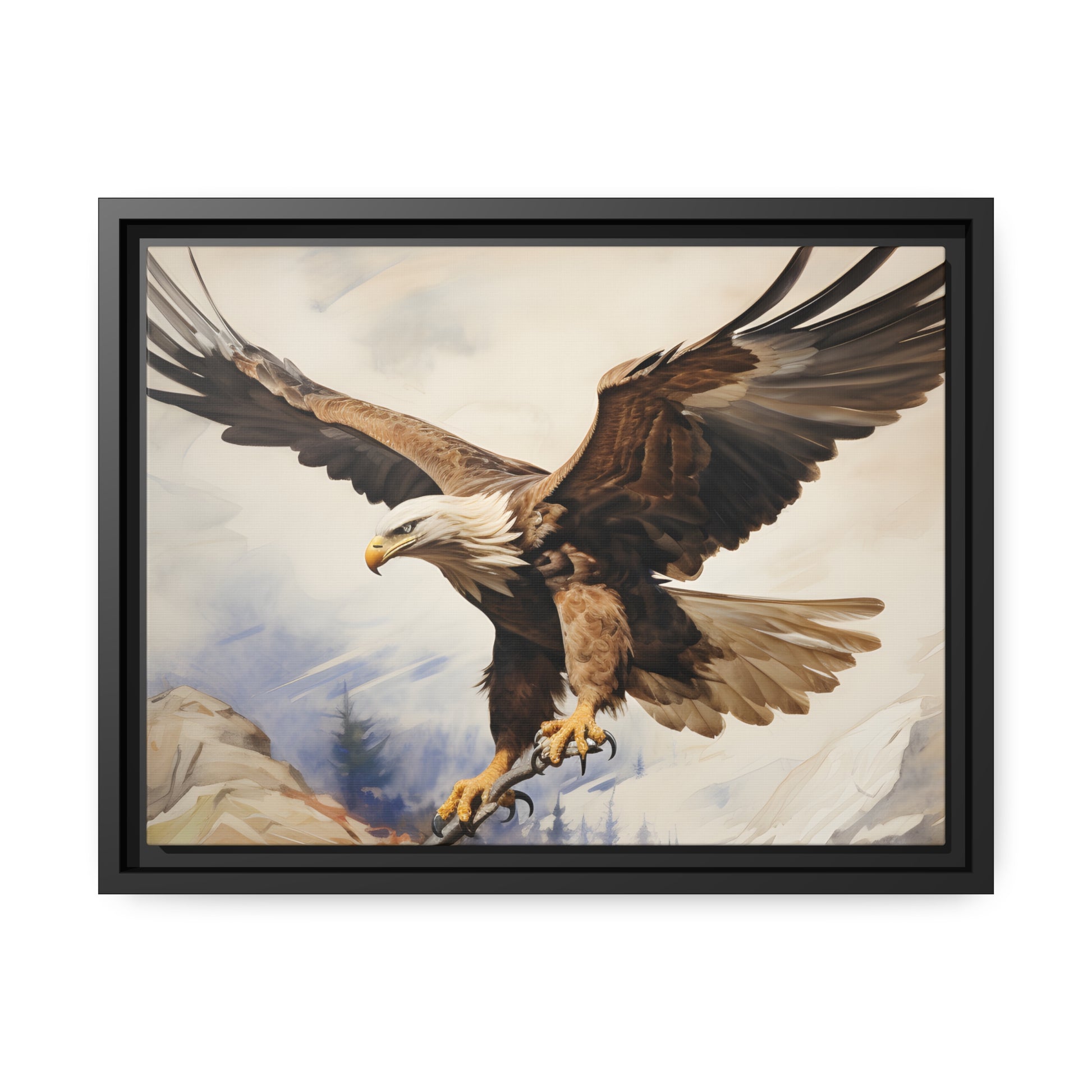 Framed Canvas Artwork Strong Soaring Bald Eagle Snowy Mountains Detailed Painting
