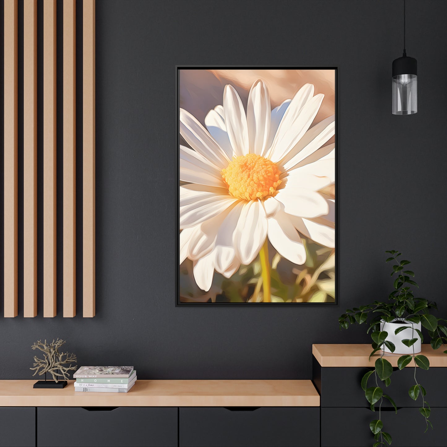 Framed Canvas Nature Inspired Artwork Stunning Sunlit Daisy Blooming Oil Painting Style