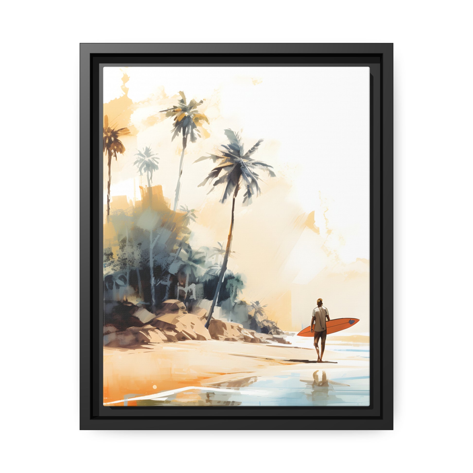 Framed Canvas Artwork Beach Ocean Surfing Art Surfer Walking Up The Beach Holding Surfboard Palm Trees Sets The Tone Floating Frame Canvas Artwork