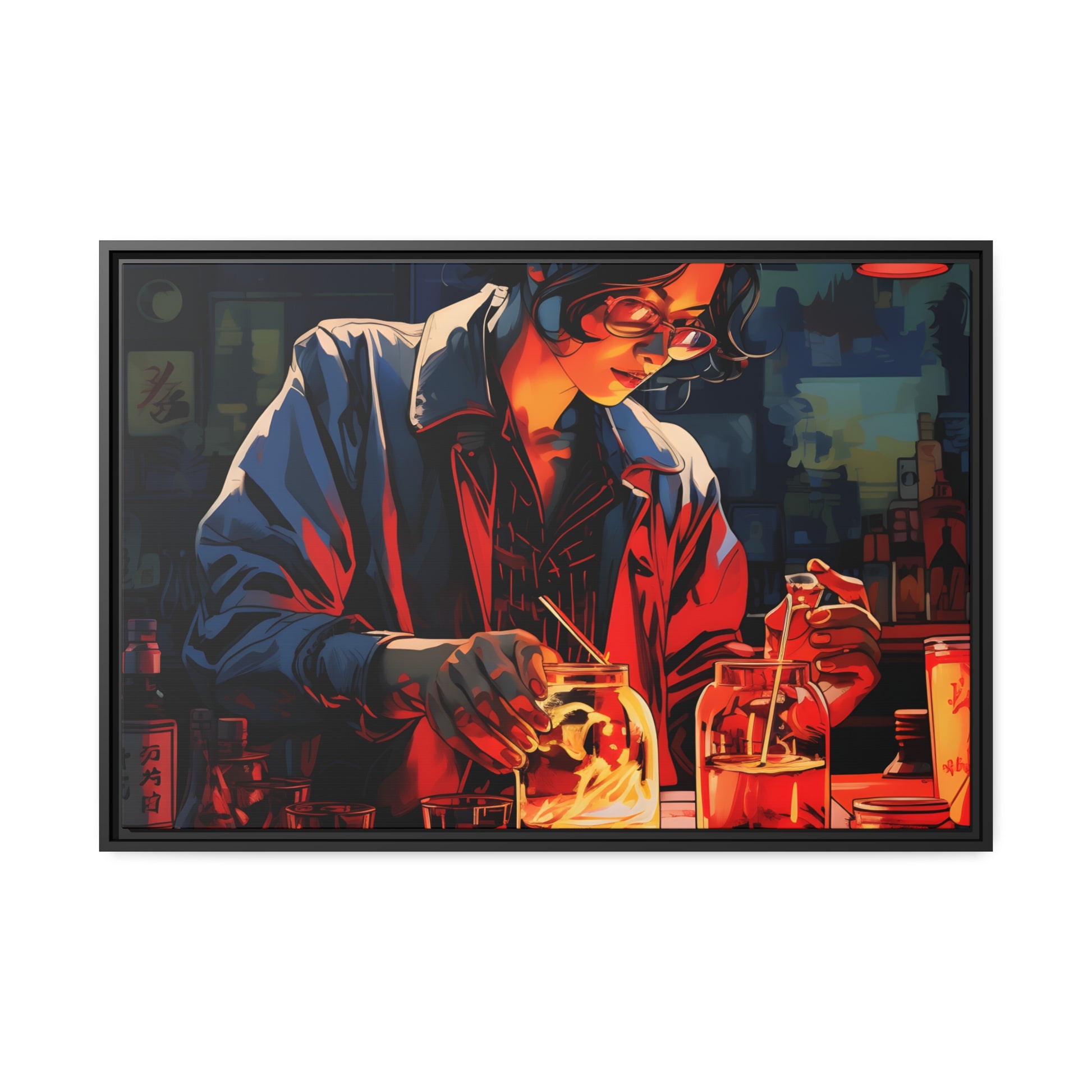 Framed Canvas artwork Bar/Night Life Art Attractive Bartender Mixing Drinks In A Neon Lit Bar Framed Canvas Painting Alcohol Art