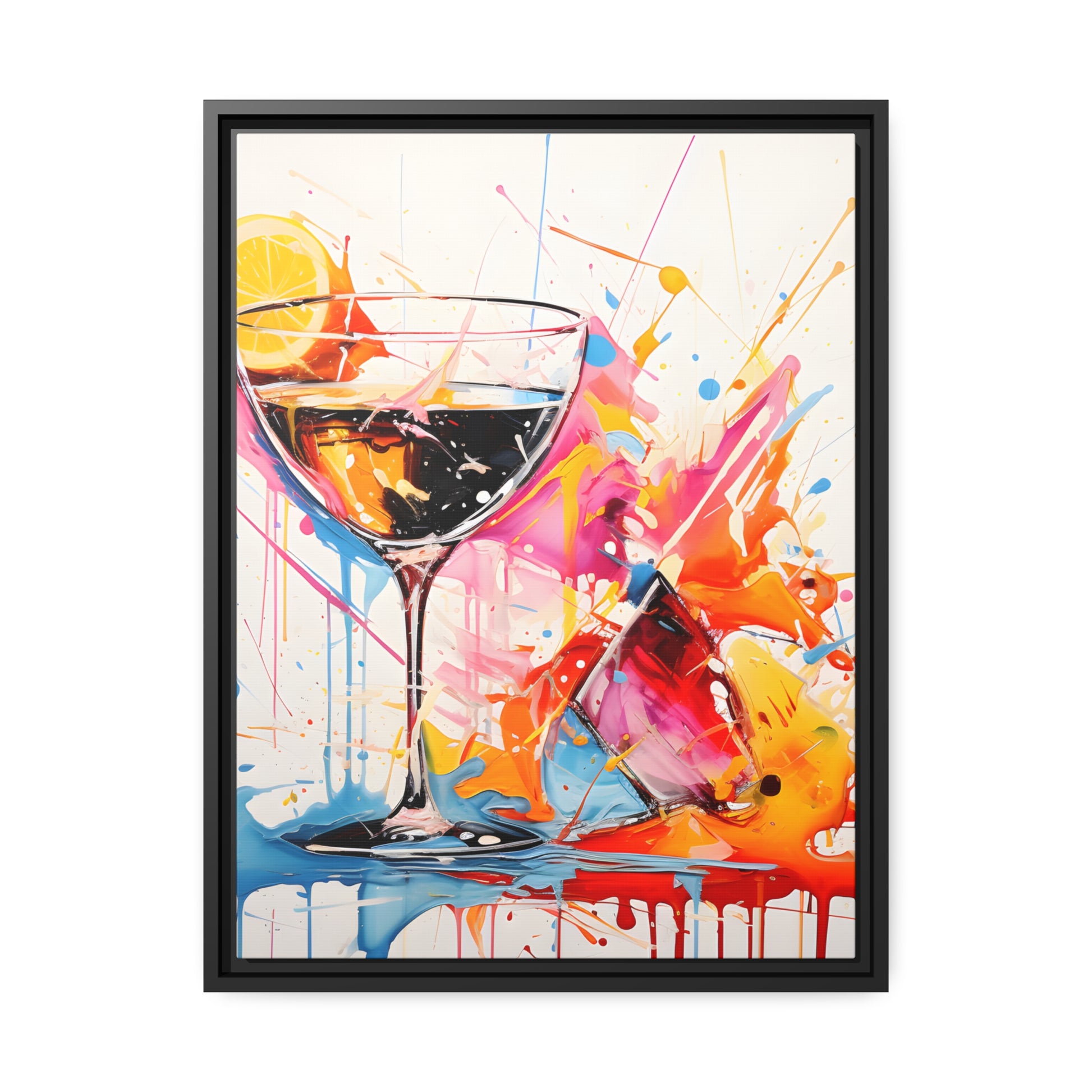 Framed Canvas Artwork Bright Vibrant Splashes Of Color Over A White Background Surrounding A Glass Of Liquor Alcohol Lemon Slice Floating Frame Canvas Artwork