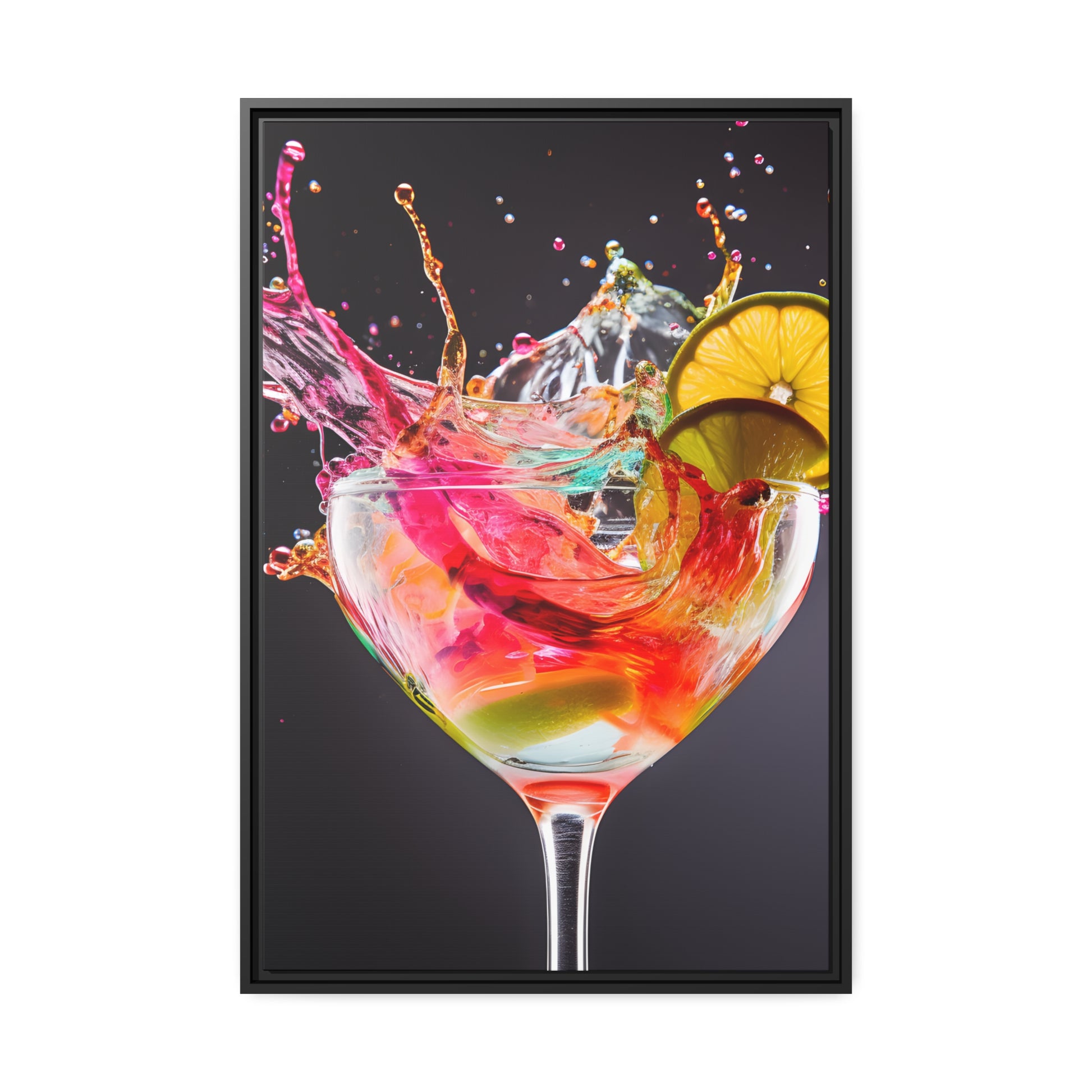 Framed Canvas artwork Bright Colorful Cocktail Splashing Out Of The Glass Framed Canvas Painting Alcohol Art