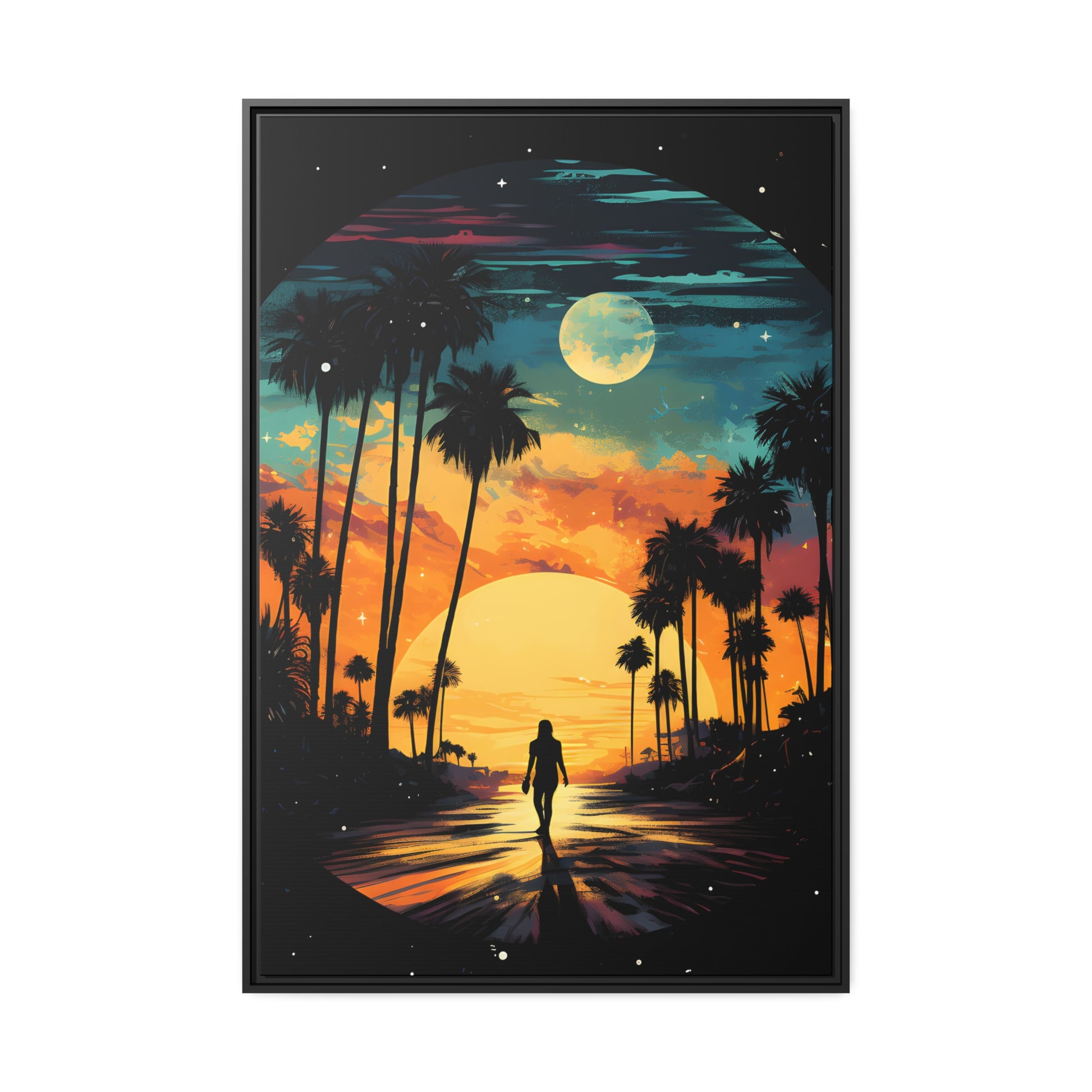 Framed Canvas Lifestyle/Ocean Side Artwork Dark Sunset Palm Tree Silhouettes Line The Pathway Large Sun Setting In Line With Perspective Moon Lit Star Filled Night Sky Floating Canvas Framed Artwork