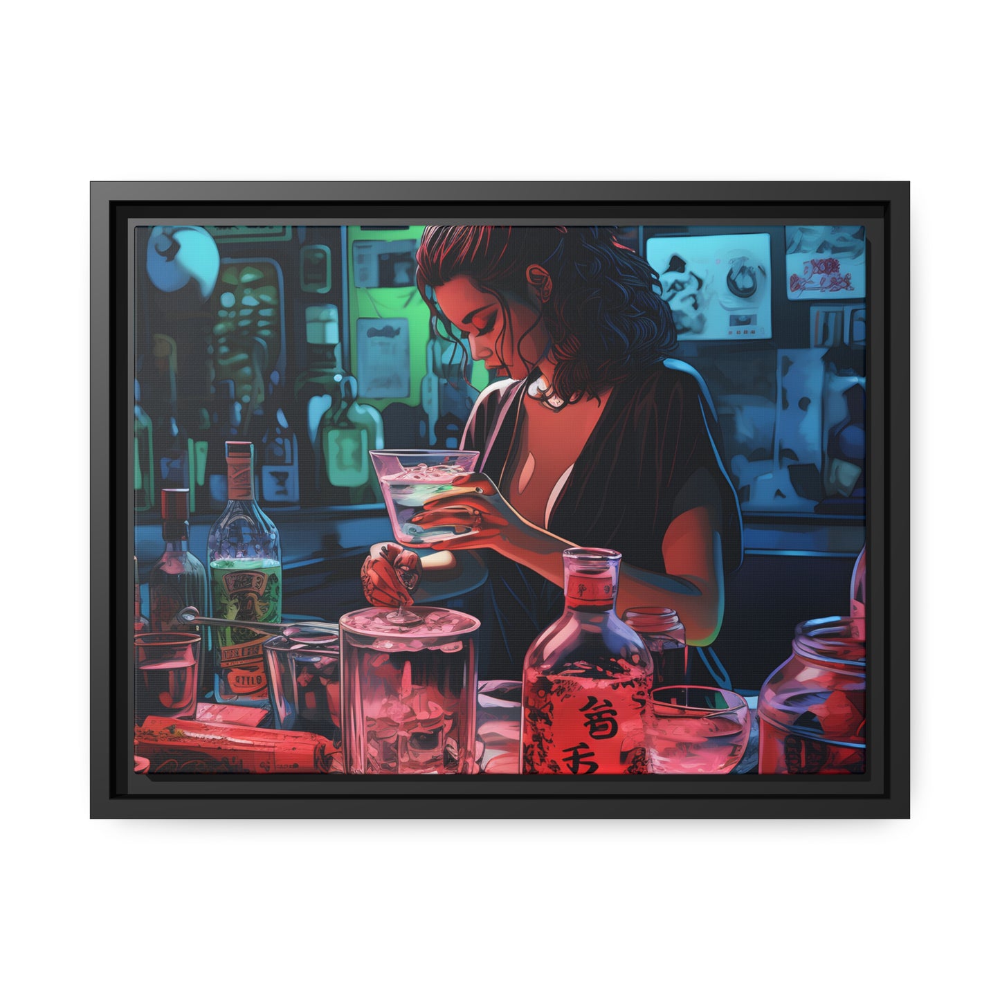 Framed Canvas artwork Japanese Manga Style Bar/Night Life Art Attractive Young Bartender Mixing Drinks In A Busy Neon Lit Bar Framed Canvas Painting Alcohol Art