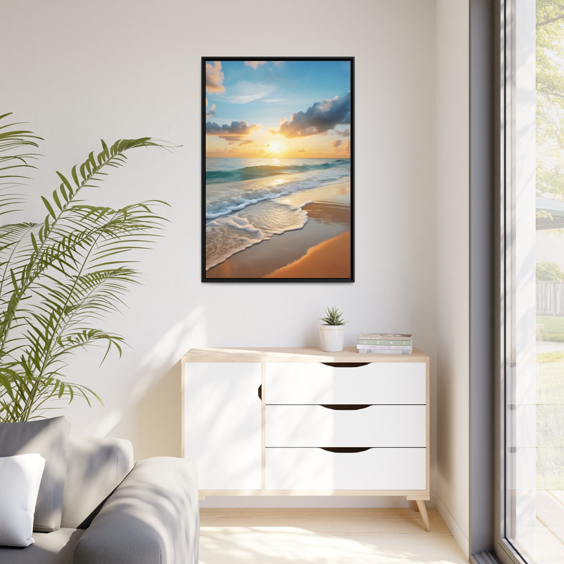 Framed Canvas Artwork Beach Ocean Waves Sunset Floating Frame Canvas Artwork