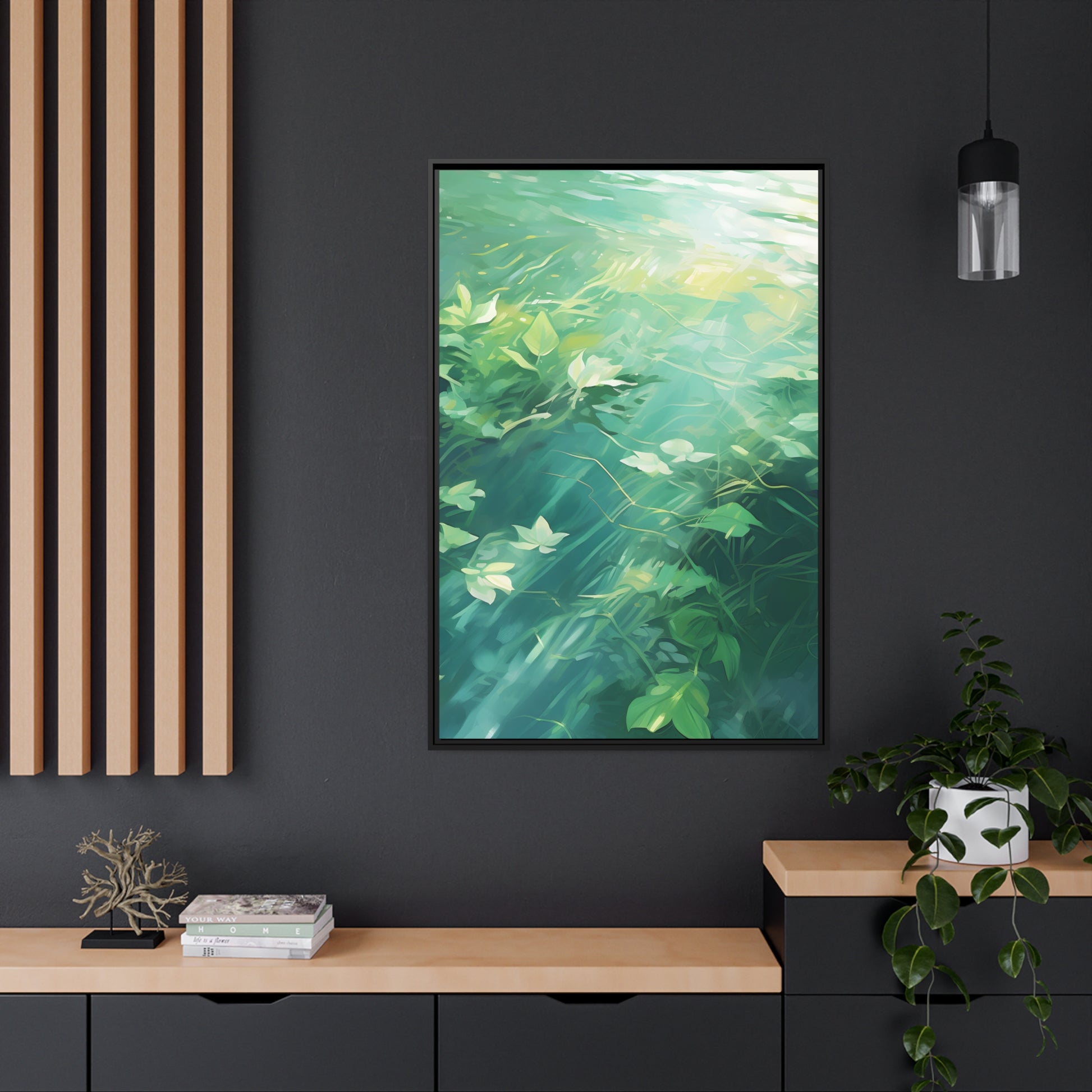 Green Leafy Windy Weather Framed Canvas Floating Canvas Abstract Art