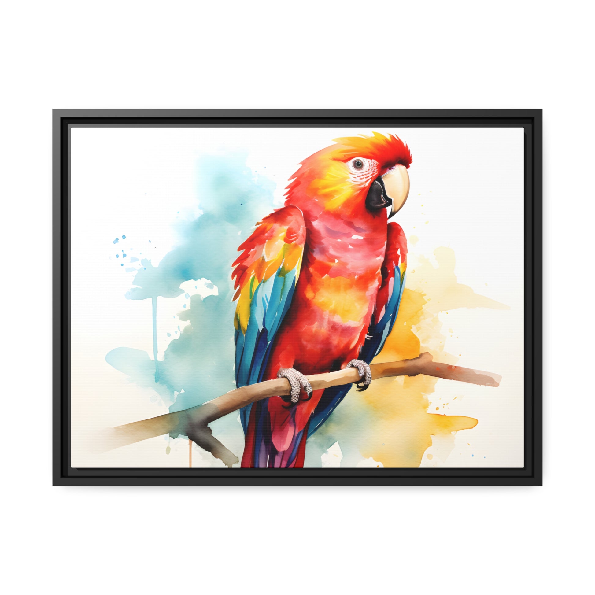 Framed Canvas Artwork Bright Red Parrot With Rainbow Wings Perched On A Tree Branch Nature Influenced Water Color Painting Style