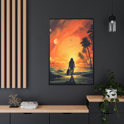 Framed Canvas' artwork sunset watercolor oceanside framed painting