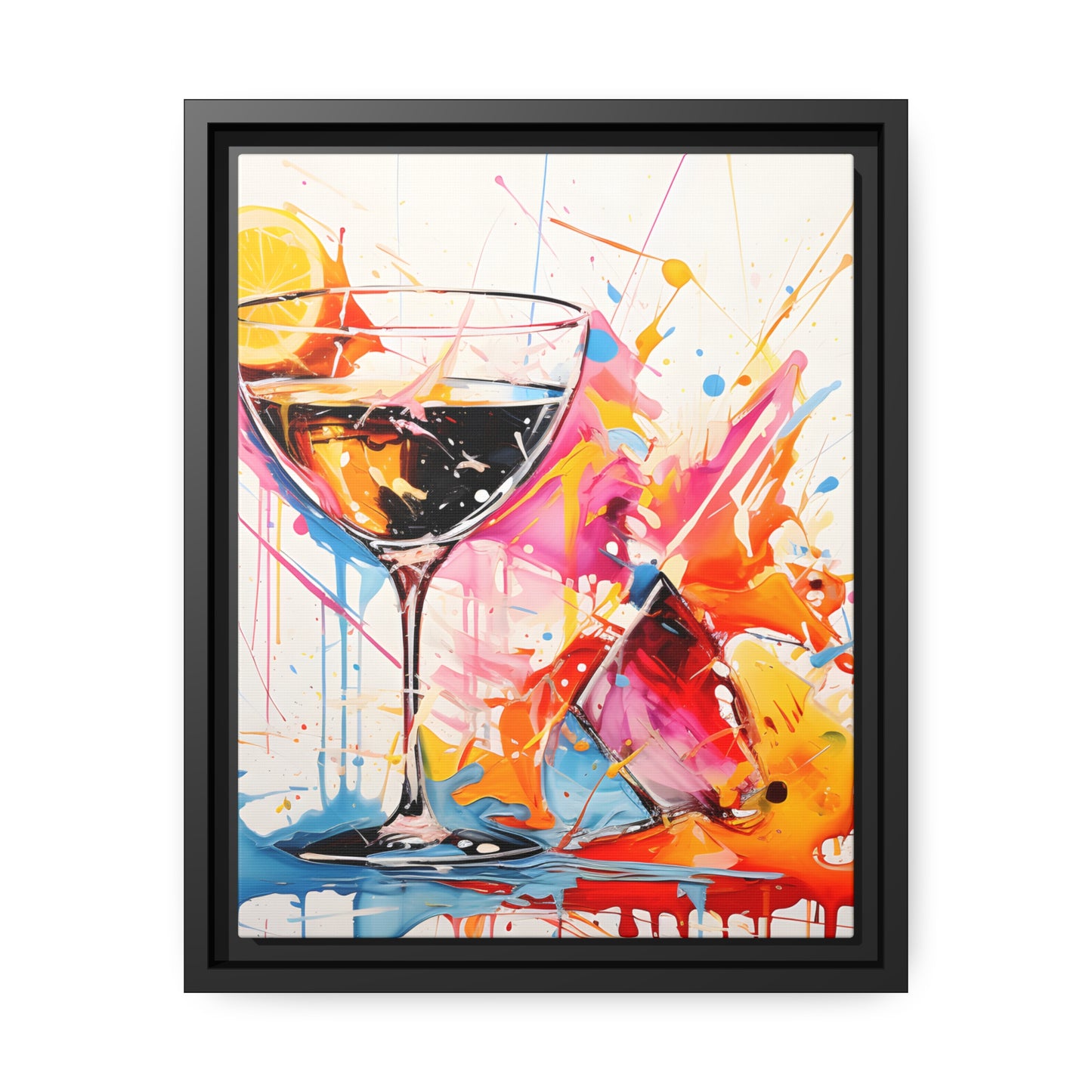 Framed Canvas Artwork Bright Vibrant Splashes Of Color Over A White Background Surrounding A Glass Of Liquor Alcohol Lemon Slice Floating Frame Canvas Artwork
