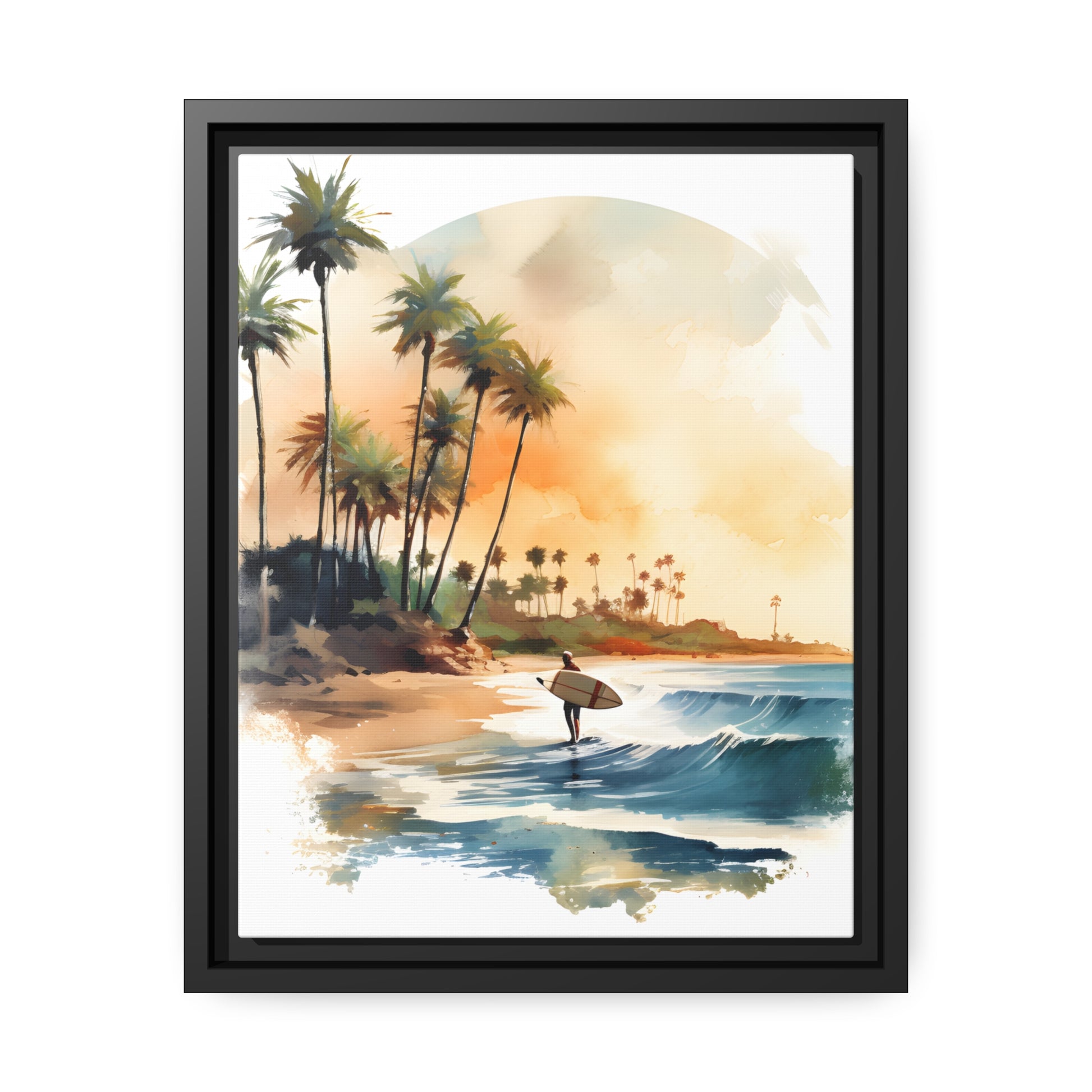 Framed Canvas Lifestyle/Ocean Side Artwork Stunning Watercolor Style Framed Painting Waves Palm Trees Sandy Beach Surfer Searching 