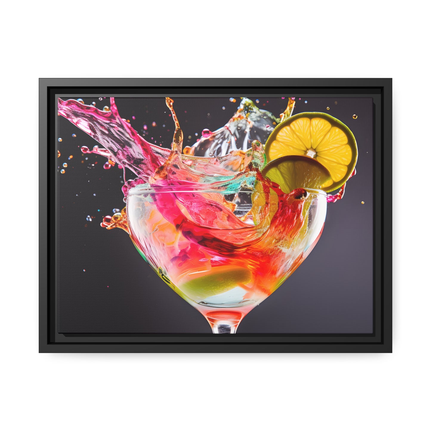 Framed Canvas artwork Bright Colorful Cocktail Splashing Out Of The Glass Framed Canvas Painting Alcohol Art