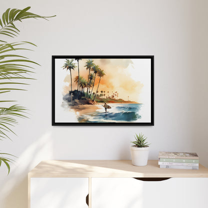 Framed Canvas Lifestyle/Ocean Side Artwork Stunning Watercolor Style Framed Painting Waves Palm Trees Sandy Beach Surfer Searching 