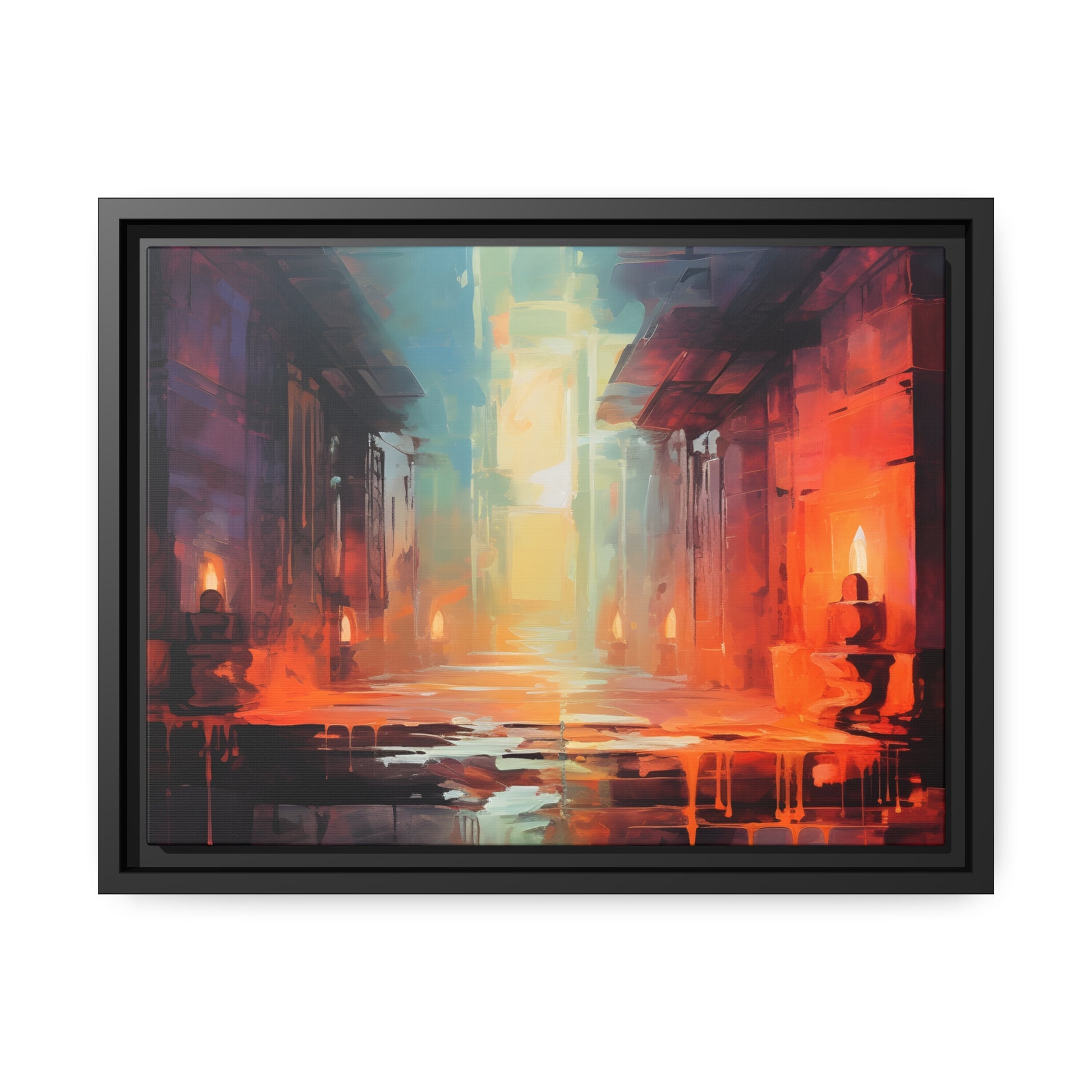 Framed Canvas Abstract artwork Vibrant Art Framed Oil Painting Style Stone Surroundings Lit By Candle Light Overall Ancient Feel Surrounded By Stone Abstract Art