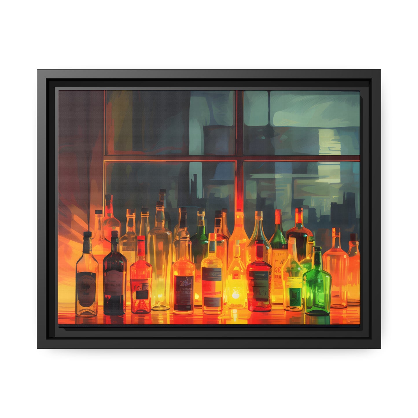 Framed Canvas Artwork Alcohol Bar Night Life Vibrant Colorful Well Lit Bar With Alcohol Bottles Lined UpParty Drinking Lifestyle Floating Frame Canvas 