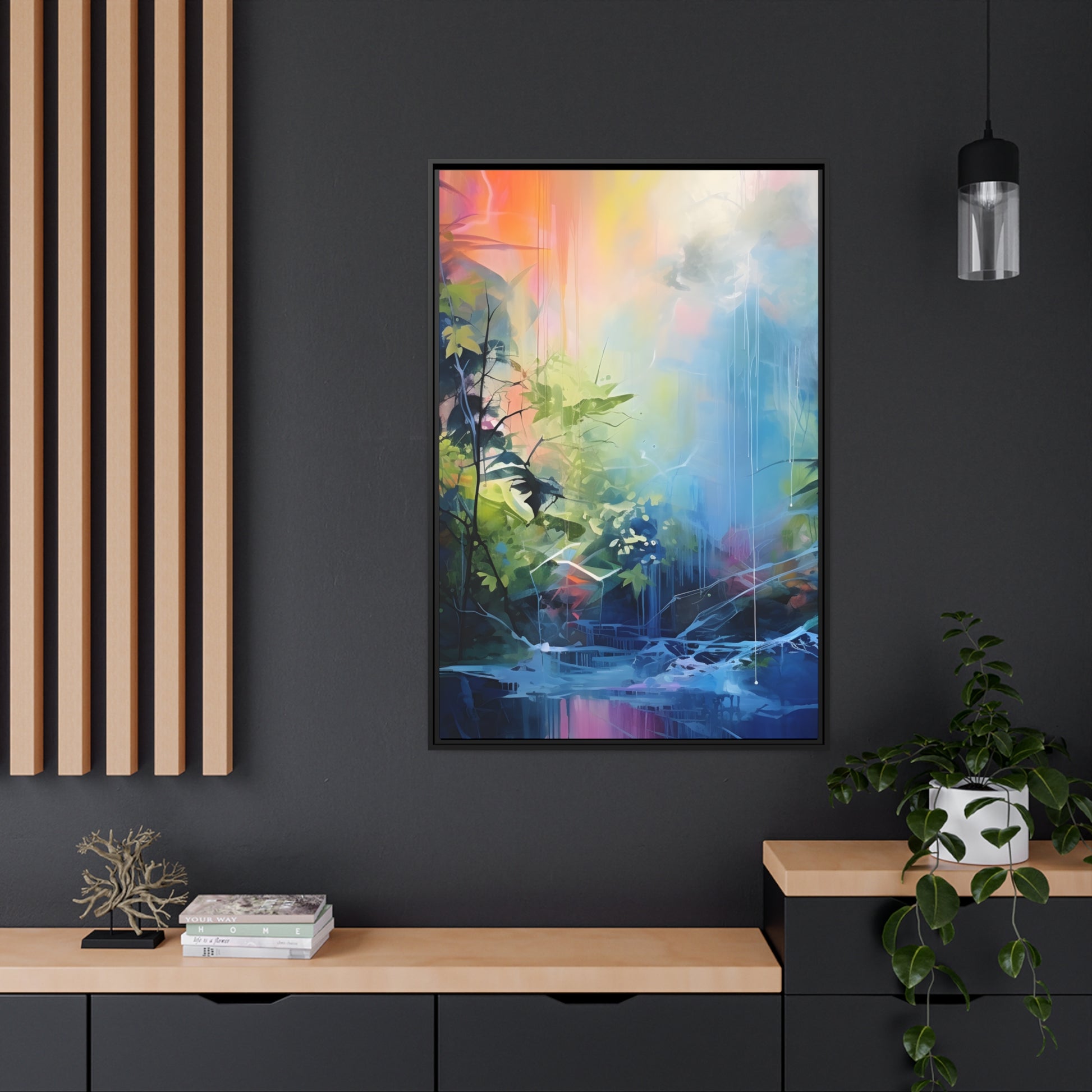 Framed Canvas Abstract Artwork Bright Vibrant Colorful Jungle And Stream Of Water Oil Painting Style Abstract Art Framed Canvas Nature