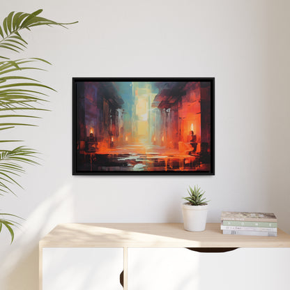 Framed Canvas Abstract artwork Vibrant Art Framed Oil Painting Style Stone Surroundings Lit By Candle Light Overall Ancient Feel Surrounded By Stone Abstract Art