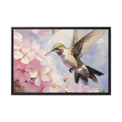 Framed Canvas Artwork Humming Bird Hovering Mid Air While Seeking Out Fresh Honey Amongst The Cherry Blossoms Framed Canvas Artwork