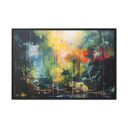 Framed Canvas Abstract Artwork Bright Vibrant Colorful Rainbow Jungle Behind A Pond Oil Painting Style Abstract Art Framed Canvas Nature