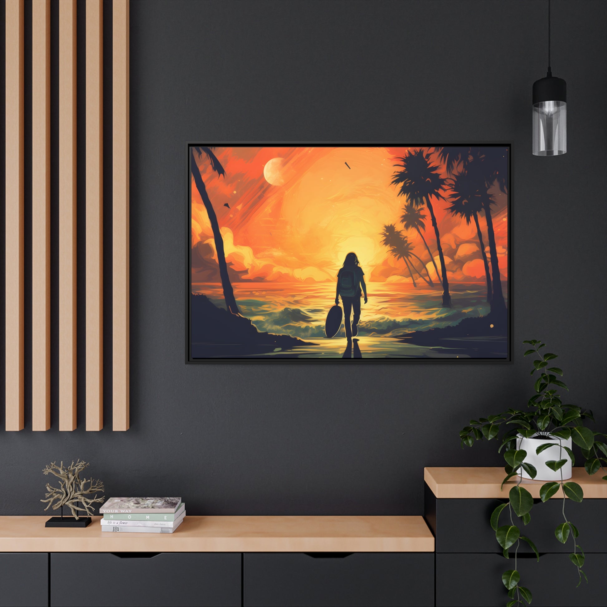 Framed Canvas Artwork Beach Ocean Surfing Warm Suns Set Art Surfer Walking Down To The Beach Holding Surfboard Palm Tree Silhouettes Sets The Tone Floating Frame Canvas Artwork