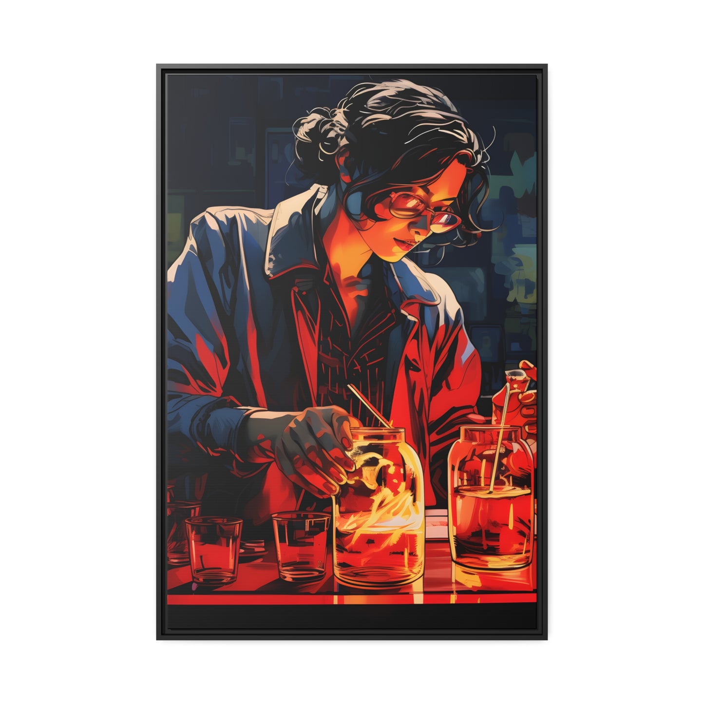 Framed Canvas artwork Bar/Night Life Art Attractive Bartender Mixing Drinks In A Neon Lit Bar Framed Canvas Painting Alcohol Art