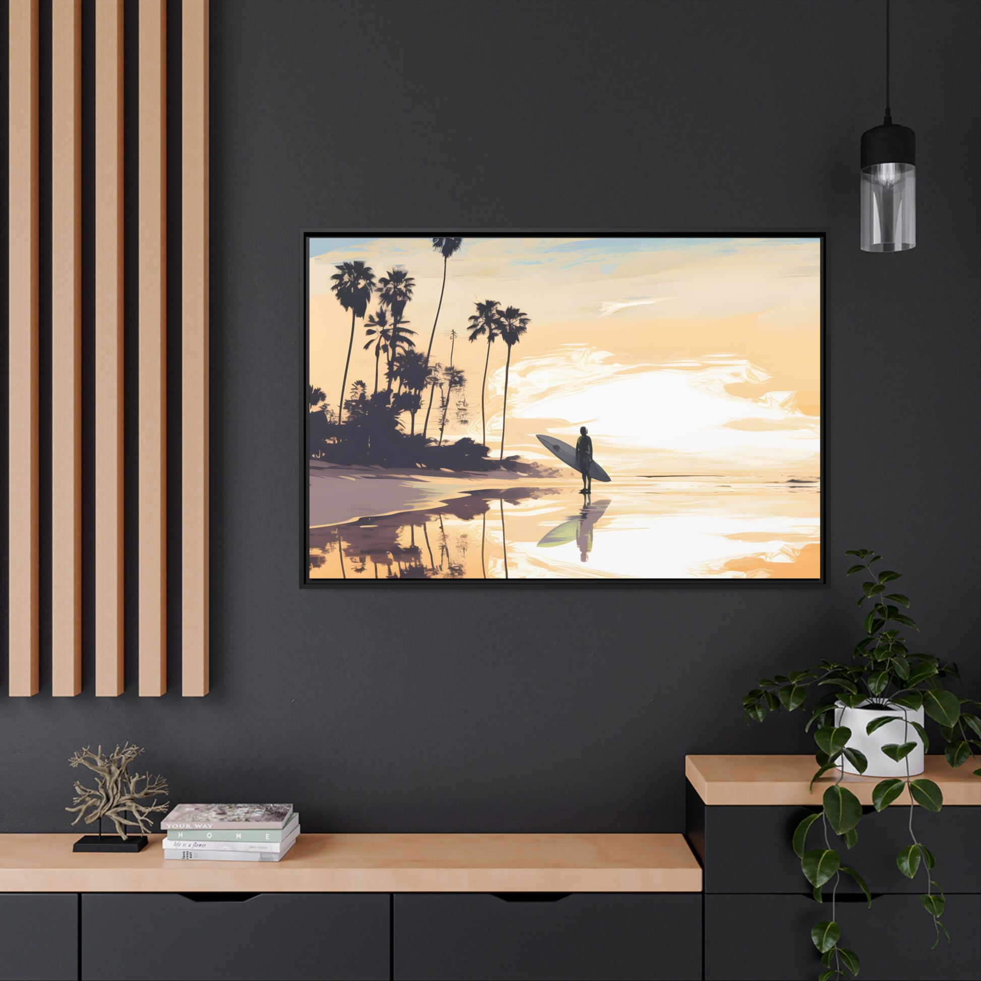 Framed Canvas Artwork Beach Ocean Surfing Warm Sun Set Art Surfer On Beach Holding Surfboard Palm Tree Silhouettes Perfect Mood Enhancer Floating Frame Canvas Artwork