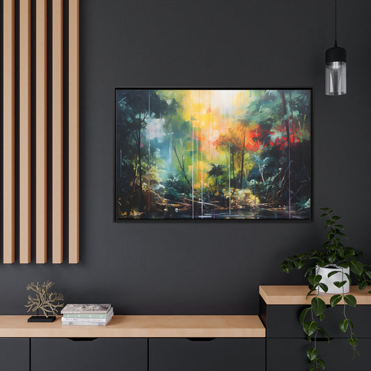 Framed Canvas Abstract Artwork Bright Vibrant Colorful Rainbow Jungle Behind A Pond Oil Painting Style Abstract Art Framed Canvas Nature