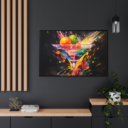 Framed Canvas artwork Bar/Night Life Art Bright Vibrant Neon Splashes Surrounding A Martini Glass Full Of Alcohol On Black Background Framed Canvas Painting Alcohol Art Iced Drink Close Up 