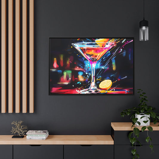 Framed Canvas artwork Bar/Night Life Art Bright Neon Splashes Surrounding A Martini Glass Full Of AlcoholFramed Canvas Painting Alcohol Art Iced Drink Close Up