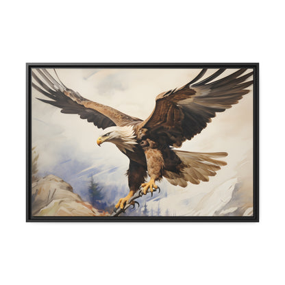 Framed Canvas Artwork Strong Soaring Bald Eagle Snowy Mountains Detailed Painting