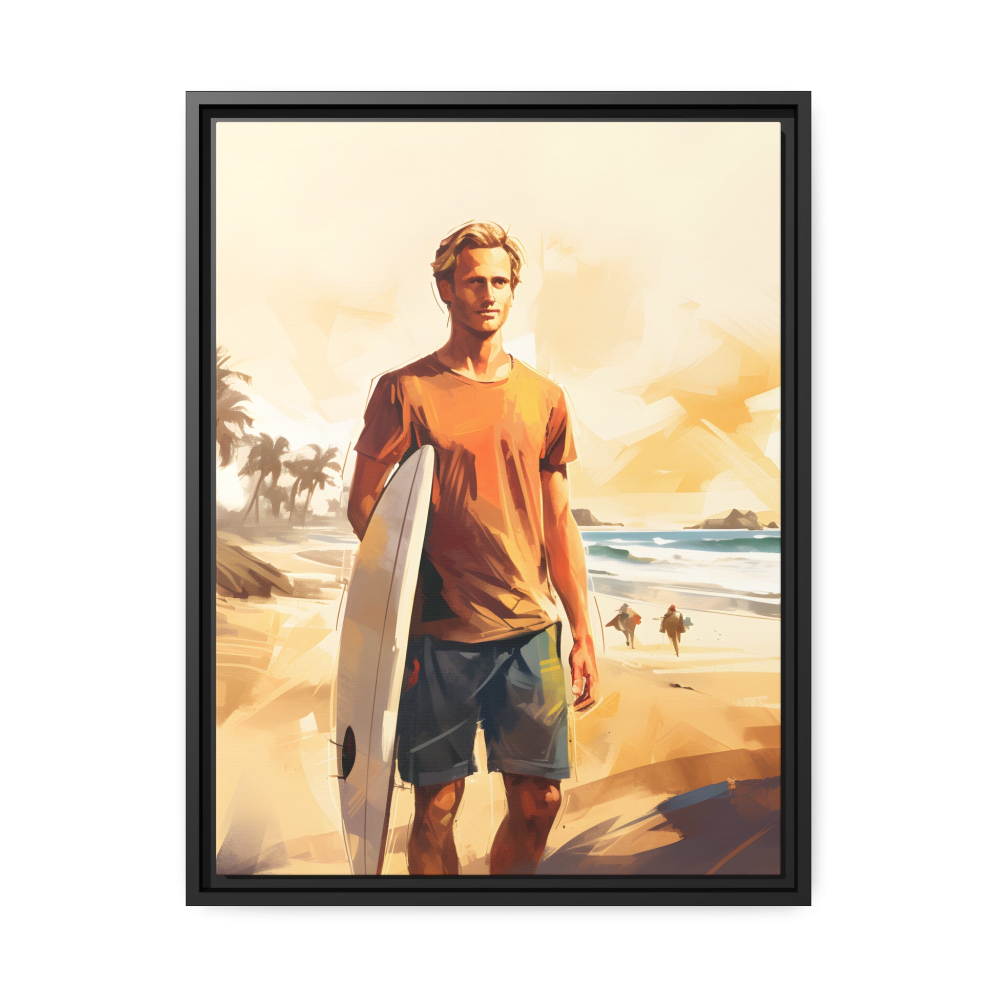 Framed Canvas Artwork Beach Ocean Surfing Art Surfer Walking Up The Beach With Surfboard Floating Frame Canvas Artwork