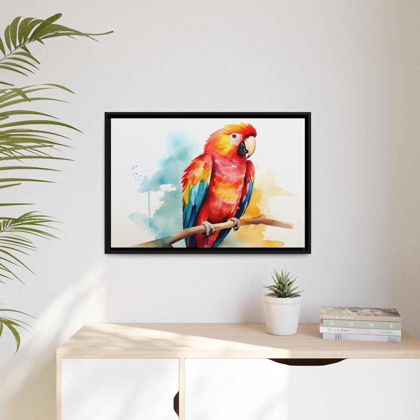 Framed Canvas Artwork Bright Red Parrot With Rainbow Wings Perched On A Tree Branch Nature Influenced Water Color Painting Style