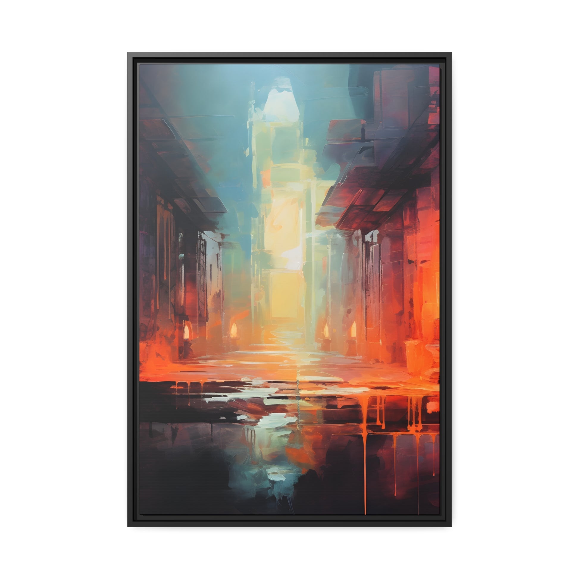 Framed Canvas Abstract artwork Vibrant Art Framed Oil Painting Style Stone Surroundings Lit By Candle Light Overall Ancient Feel Surrounded By Stone Abstract Art