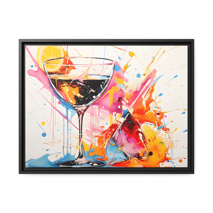 Framed Canvas Artwork Bright Vibrant Splashes Of Color Over A White Background Surrounding A Glass Of Liqour Alcohol Lemon Slice Floating Frame Canvas Artwork