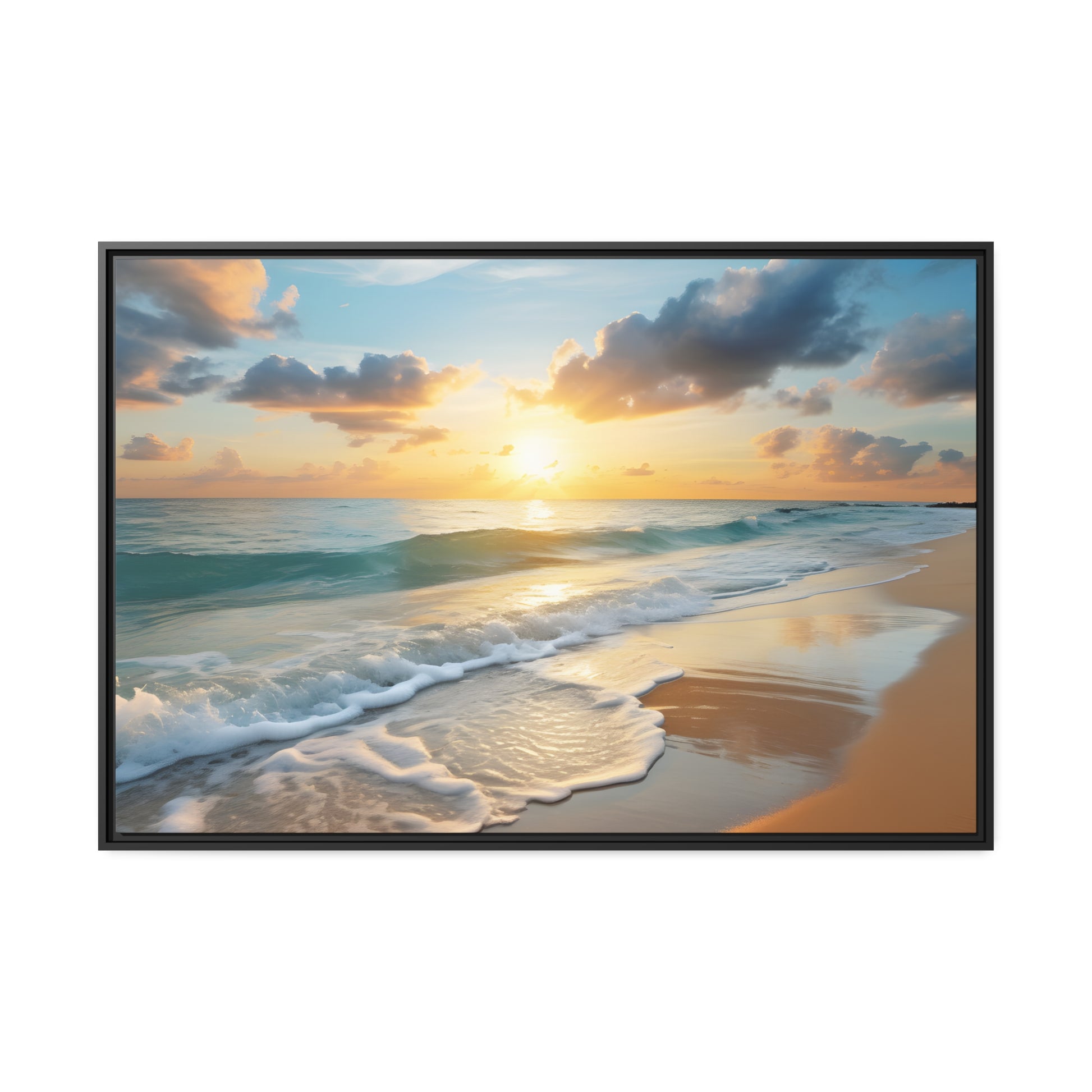 Framed Canvas Artwork Beach Ocean Waves Sunset Floating Frame Canvas Artwork