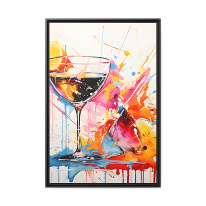 Framed Canvas Artwork Bright Vibrant Splashes Of Color Over A White Background Surrounding A Glass Of Liqour Alcohol Lemon Slice Floating Frame Canvas Artwork