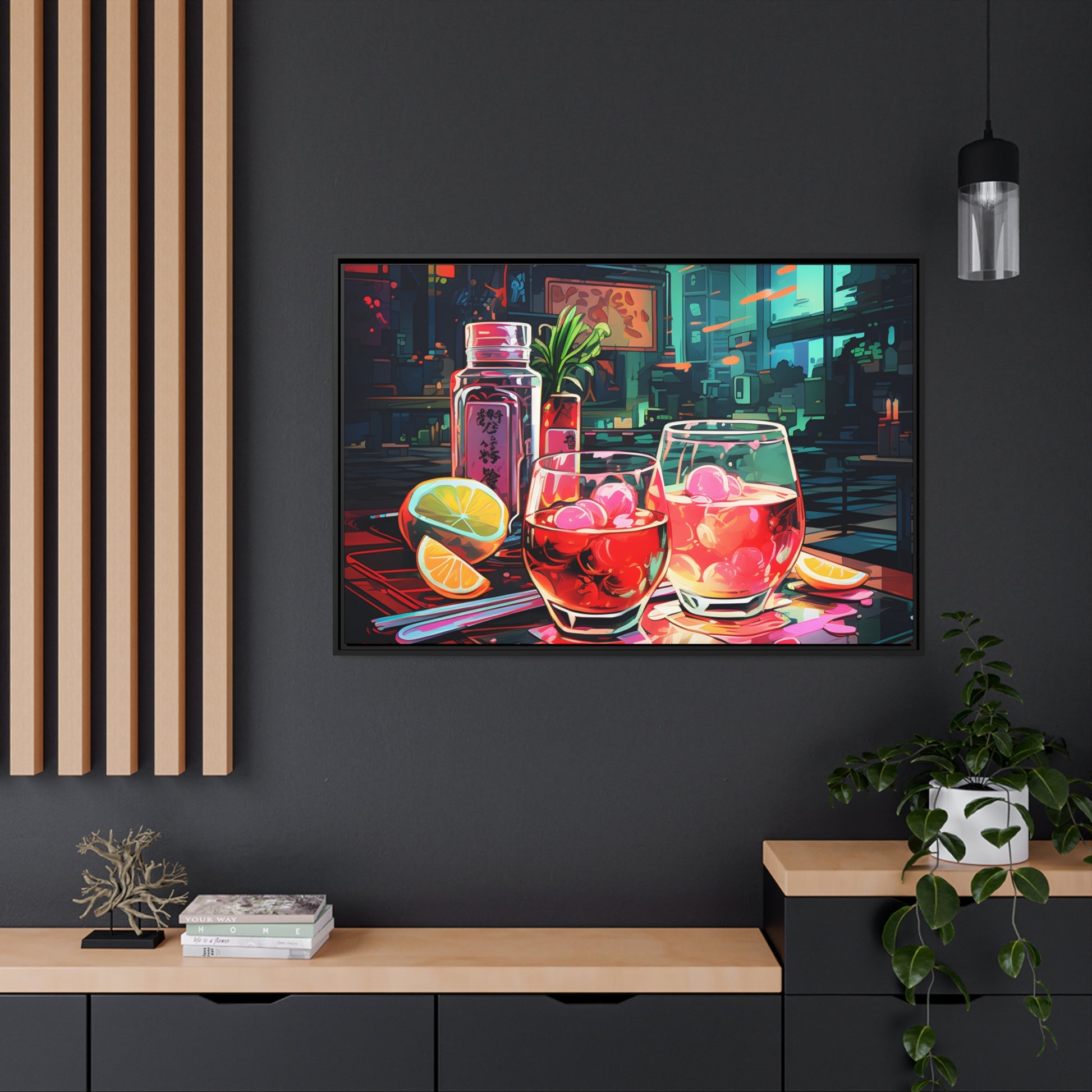 Framed Canvas Artwork Japanese Manga Style Alcohol And Night Life Bar Art Alcoholic Drink With Ice And Lemon Slice Floating Frame Canvas Neon Light Bar Artwork Urban Setting Lifestyle