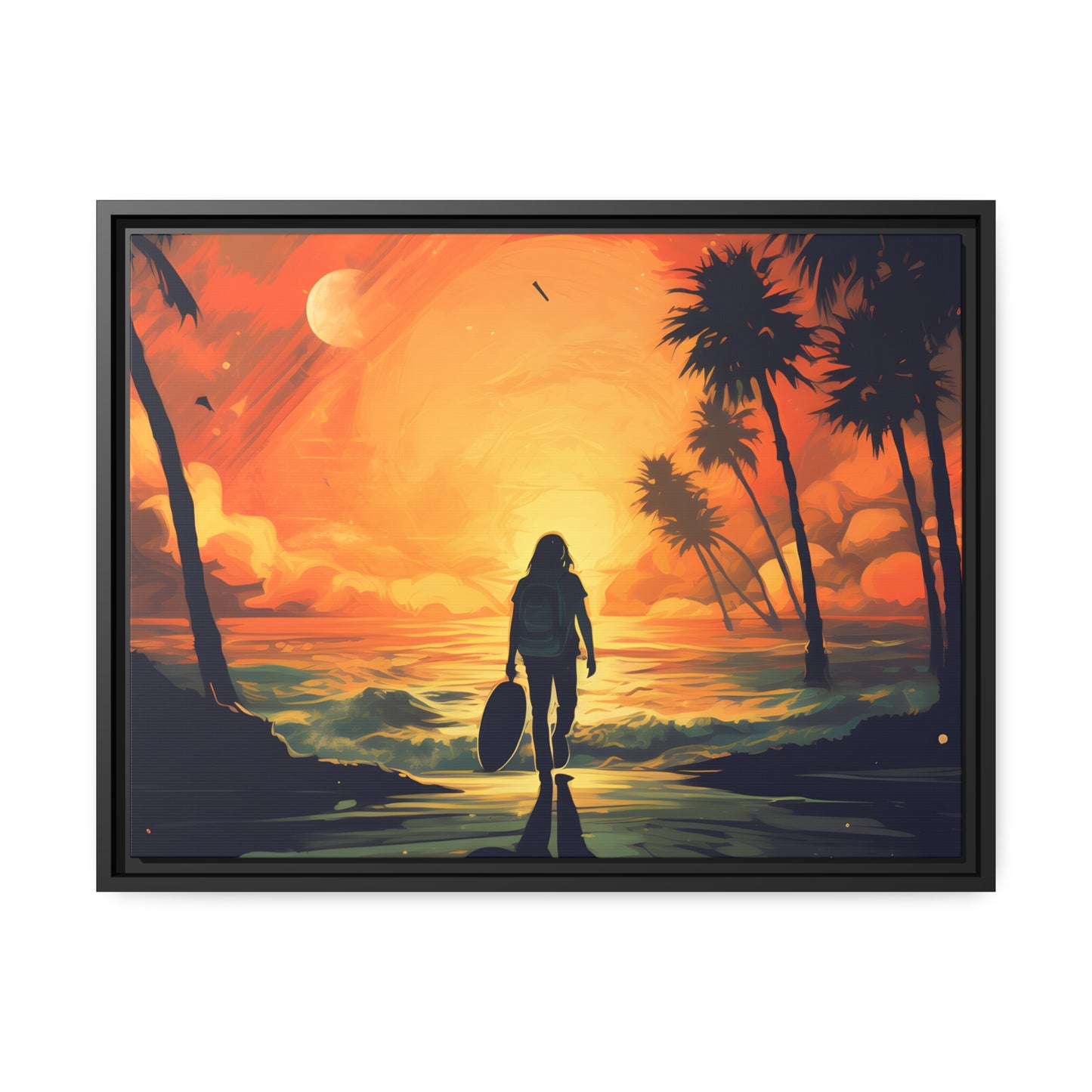 Framed Canvas Artwork Beach Ocean Surfing Warm Suns Set Art Surfer Walking Down To The Beach Holding Surfboard Palm Tree Silhouettes Sets The Tone Floating Frame Canvas Artwork