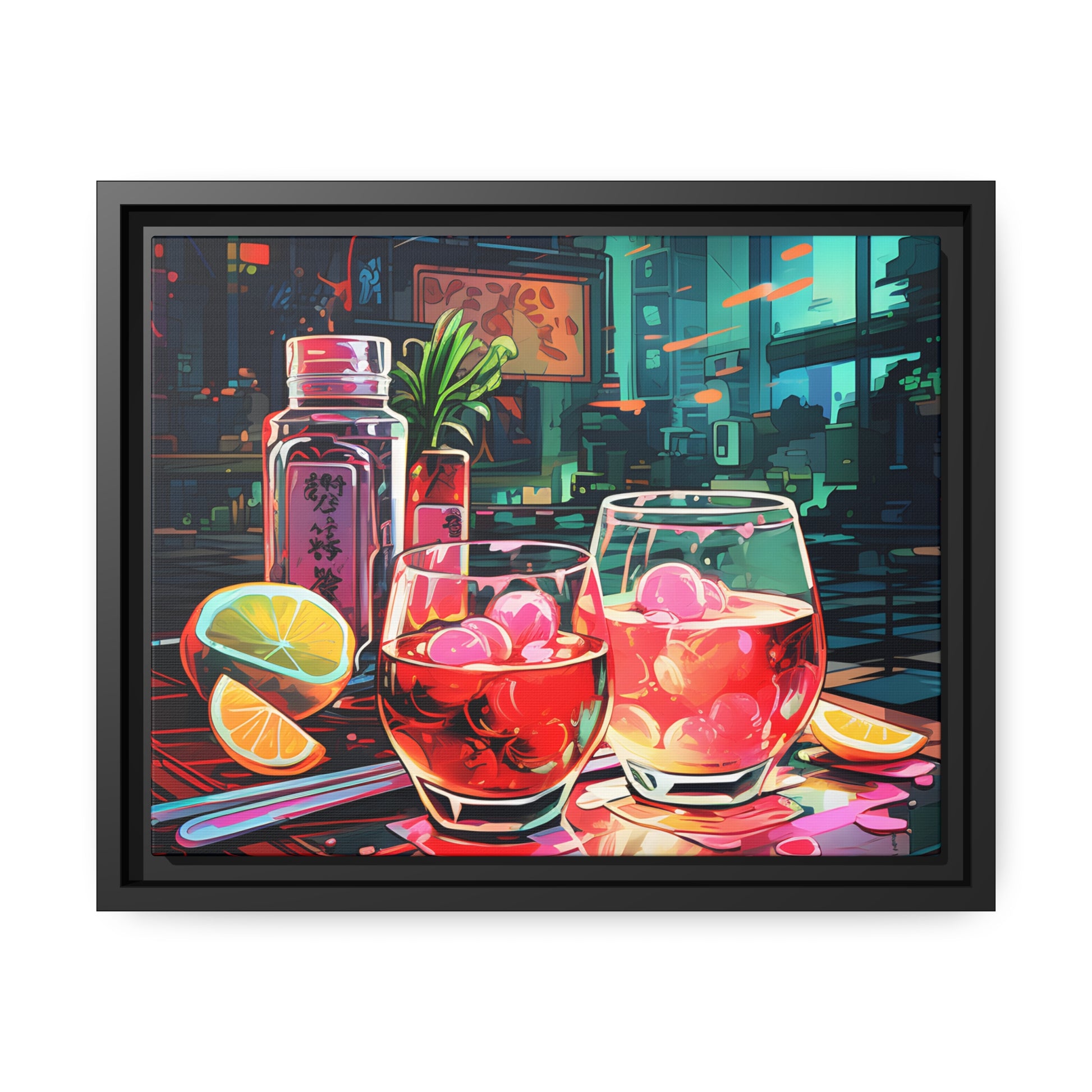 Framed Canvas Artwork Japanese Manga Style Alcohol And Night Life Bar Art Alcoholic Drink With Ice And Lemon Slice Floating Frame Canvas Neon Light Bar Artwork Urban Setting Lifestyle